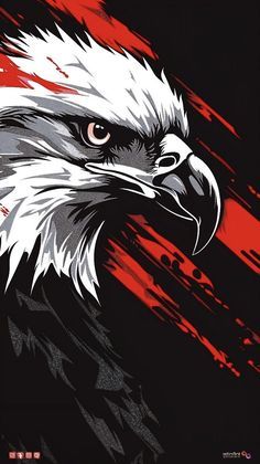 an eagle with red and white paint splattered on it's face, in front of a black background