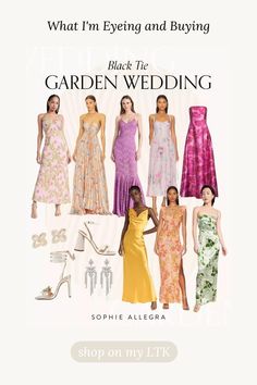 an advertisement for the garden wedding, featuring women in dresses and high heeled shoes