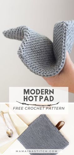 the modern hot pad is knitted in grey yarn and has a crochet pattern