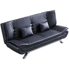 a black leather couch with four pillows on it's back end and two arms