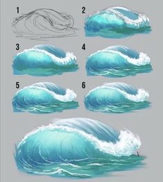 how to draw an ocean wave in stages and then, step by step instructions for beginners