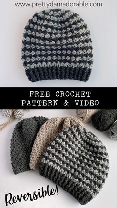 the crochet hat and mitts are shown with text overlay that says free crochet pattern & video