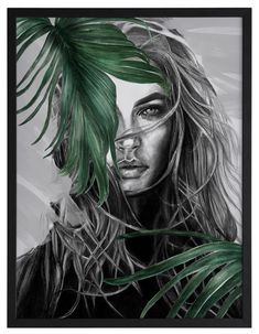 a drawing of a woman with long hair and green leaves on her head, in black and white