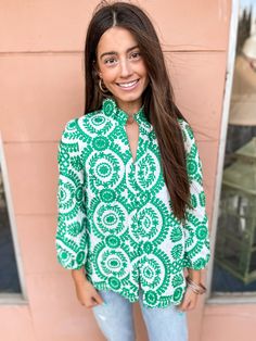 Obsessed with everything about this top! The color & print is stunning & the buttons add such a pretty detail! 100% Polyester Hand wash cold & hang dry Ships from Valdosta Ga Green Printed Tops For Vacation, Green Printed Spring Tops, Green Floral Embroidered Tops For Fall, Green Floral Embroidery Tops For Fall, Patterned Long Sleeve Tops For Day Out, Green Long Sleeve Top With Floral Embroidery, Green Long Sleeve Vacation Tops, Green Long Sleeve Top For Vacation, Green 3/4 Sleeve Top For Day Out