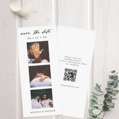 an envelope with two photos on it next to a plant