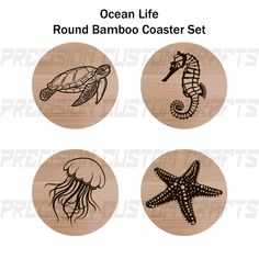 four round wooden coasters with sea animals and starfish on the bottom one has an ocean life design