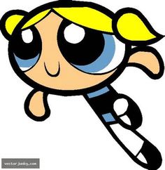 the powerpuff girl cartoon character with blue eyes and yellow hair is flying through the air