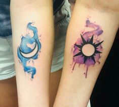 two people with matching tattoos on their arms, one has a sun and the other has a moon