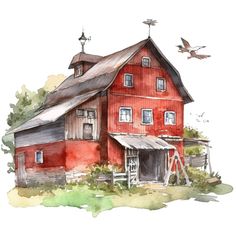 a watercolor painting of a red barn with two birds flying by it's door