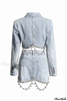 Oliviamark - Frayed Hem Denim Jacket with Shawl Collar and Embellished Details Spring Party Denim Jacket, Spring Rhinestone Denim Jacket, Long Sleeve Denim Jacket For Party, Party Denim Jacket Embellished, Spring Denim Jacket With Rhinestones, Fitted Denim Jacket For Winter Party, Fitted Denim Jacket For Spring Parties, Winter Party Denim Jacket, Long Sleeve Denim Outerwear With Rhinestones