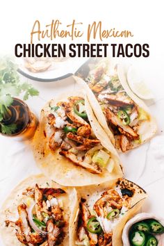 mexican chicken street tacos on a white plate