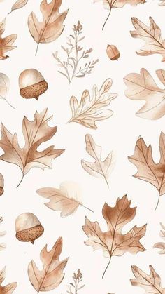 an image of leaves and acorns on a white background for wallpaper or fabric