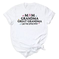 👩👵👵‍🦳 Celebrate three generations with our Mom Grandma Great Grandma Tee! For different Mother's Day t-shirt designs, please take a look at our Mother's Day collection. https://www.greatwoodboutique.com/collections/mothers-day-tee-shirts White Graphic Tee For Family Events, White Graphic Tee For Family, White Graphic T-shirt For Family Occasions, White Graphic Print T-shirt For Family Occasions, White Shirt With Text Print For Family, Mother's Day Family Graphic Tee T-shirt, Mother's Day Family Graphic T-shirt, Mother's Day Graphic Tee With Custom Print, Graphic Tee With Custom Print For Mother's Day