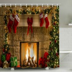 a christmas fireplace with stockings and presents on it shower curtain set