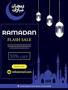 raman flash sale with arabic lanterns and mosques on dark blue background for e - card