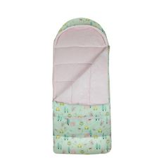 a pink and green baby sleeping bag with trees on the inside, in front of a white background