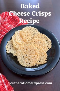 baked cheese crispes recipe on a black plate with red and white checkered napkin