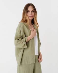 Linen kimono jacket BANOS in Sage | MagicLinen Linen Kimono, Linen Cardigan, Kimono Cardigan, Kimono Jacket, Linen Clothes, Shawl Collar, Shawl, Loose Fitting, Coconut