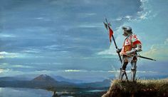 a painting of a man in armor holding a flag on top of a hill next to the ocean