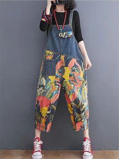 Women Patchwork Colorful Design Print Denim Baggy Capri Jumpsuit Womens Painting Overalls, Casual Multicolor Overalls For Spring, Summer Multicolor Jumpsuits And Rompers With Pockets, Summer Cotton Overalls With Patchwork, Summer Cotton Patchwork Overalls, Summer Casual Patchwork Jumpsuits And Rompers, Casual Patchwork Jumpsuits And Rompers For Spring, Casual Summer Jumpsuits And Rompers With Patchwork, Summer Patchwork Overall Jumpsuit