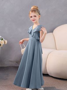 "Enhance your bridal party with our elegant V-Neck Ruffles Chiffon Junior Bridesmaid Dresses. Made with high-quality chiffon fabric, these dresses feature a flattering V-neckline and stunning ruffled details. Perfect for any junior bridesmaid, our dresses will elevate the overall look of your wedding and make your special day even more memorable.” Weading Dress, Junior Bridesmaid Dresses, Chiffon Ruffle, Junior Bridesmaid, Neck Ruffle, Chiffon Fabric, Dusty Blue, Bridal Party, Ruffles