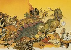 an image of dinosaurs and other animals in the desert