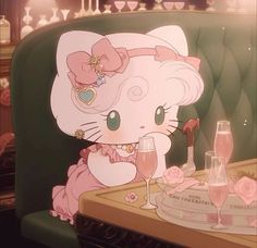 a cartoon cat sitting at a table with wine glasses in front of it and a cake on the table