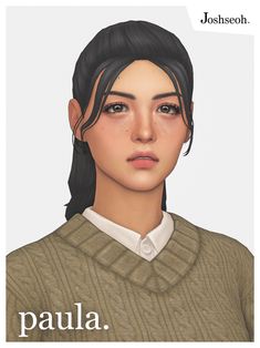 an animated image of a woman with long black hair and bangs, wearing a sweater