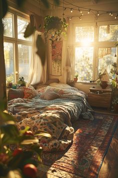 the sun shines through the window into a bedroom with an unmade bed and hanging plants