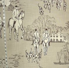 a drawing of people riding horses and dogs