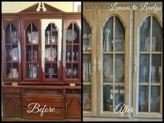 an old china cabinet with glass doors before and after