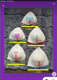 four crocheted hats with numbers on them and the measurements for each one in different colors