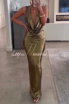 Metallic Fabric V Neck Pleated Backless Maxi Dress Backless Maxi Dress, Backless Maxi Dresses, Style Upgrade, Metallic Fabric, Glam Dresses, Dress Size Chart, Quality Fashion, Hip Length, Party Wear