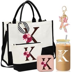 a tote bag, drink and keychain with the letter k on it