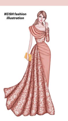 a drawing of a woman in a pink dress with gold accessories on her hand and the words kcsh fashion illustration