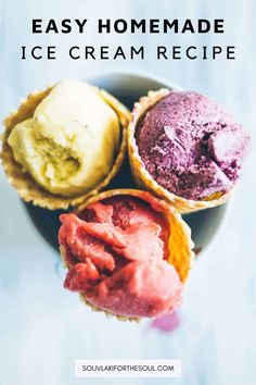 three different types of ice cream on a plate