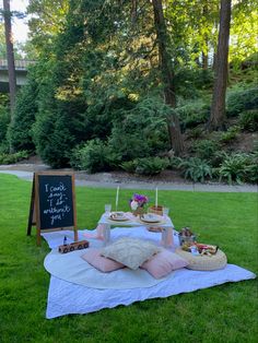 an outdoor picnic is set up in the grass with food and drinks laid out on it