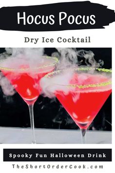 The ultimate Halloween martini! The sweet, spooky, & scary cocktail with dry ice is a fun, pretty, & yummy recipe. The eerie dry ice makes the drink aesthetic & fancy. A green sugar rim with pink fruity punch is colorful. The rum cocktail has just a few ingredients, shake it up, & pour up - then sip. The best alcoholic drink for adult costume balls or Hocus Pocus movie watch parties. Dry Ice Cocktails, Fun Halloween Drinks, Halloween Alcohol, Alcoholic Treats, Sweet Savory Recipes, Orange Cocktail, Pink Zebra Recipes