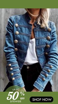 Style Bleu, Slim Fit Coat, Denim Coat Women, Fitted Denim Jacket, Slim Fit Top, Jeans Material, Double Breasted Jacket, Solid Clothes, Winter Outfits Women