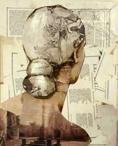 an altered photograph of a person's head with newspaper pages surrounding it and the image of a woman