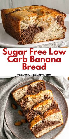 a loaf of sugar free low carb banana bread on a plate with the text overlay