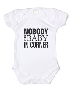 A tribute to the film, Dirty Dancing. Nobody Puts Baby in corner, this cute onesie features black text on a white cotton onesie. Clean box text, this one is a typographical marvel (or something like that). Grab one today! Funny Baby Onesie, Cricut Baby, Blue Text, Funny Baby Clothes, Funny Onesies, White Onesie, Funny Baby Onesies, Dirty Dancing