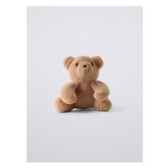 a brown teddy bear sitting up against a white background