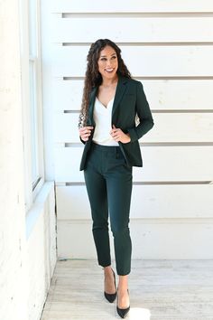 Our dark green pantsuit is set to stun. Earthy and jewel-toned, this deep emerald color universally flatters and breaks the mold without sacrificing classic style. Constructed from our luxe, stretch-fit, this hunter green suit guarantees you’ll stand out, look sharp, and stay comfortable at your next party or event. Fitted Green Blazer For Fall, Green Fitted Blazer For Fall, Fitted Green Suit For Fall, Green Fitted Suit For Fall, Fitted Green Outerwear For Work, Tailored Green Outerwear For Business Casual, Tailored Dark Green Blazer For Work, Tailored Green Outerwear For Work, Green Notch Lapel Blazer For Work