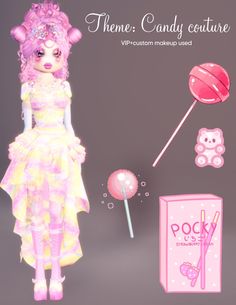 a girl with pink hair wearing a dress and holding a lollipop