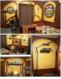 this is a collage of photos showing the inside of a bedroom with yellow walls