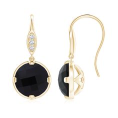 Stylish and elegant, these round black onyx earrings in 18k yellow gold are a captivating pair. The stunning black onyxes are prong-set and linked to fish hooks, accented with sparkly diamonds. Black Diamond Earrings With Accents For Formal Occasions, Black Diamond Earrings With Accents For Formal Events, Classic Black Diamond Earrings For Formal Occasions, Black Earrings With Diamond Accents, Luxury Black Round Diamond Earrings, Black Round Diamond Earrings, Formal Black Diamond Earrings With Prong Setting, Elegant Black French Hook Earrings, Black Onyx Earrings