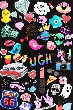 the word ugh surrounded by various stickers on a black background with an image of a car