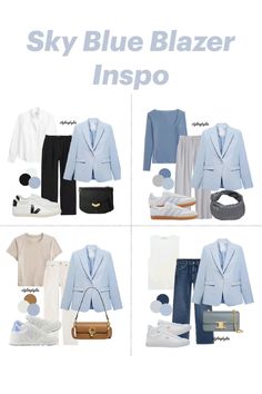 Sky blue blazer inspiration Blue Blazer Outfit Ideas For Women, Light Blue Blazer Outfit Women, Womens Blue Blazer Outfit, Blue Blezars Outfit, Light Blue Business Outfit, Sky Blue Tshirt Outfit Women, Light Blue Linen Blazer Outfit Women, Light Summer Office Outfits, Pale Blue Blazer Outfit