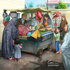 an image of a family buying food from a street vendor's cart in the middle of town